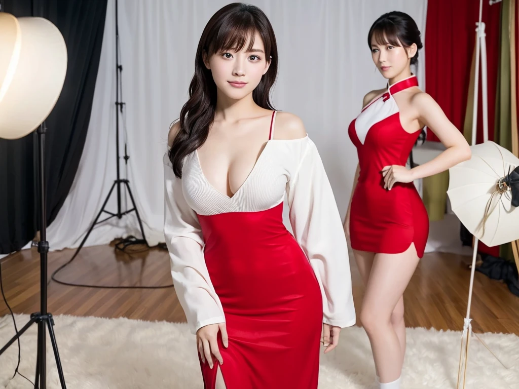 A live-action photo of an extremely beautiful Japanese high school girl race queen who highlights her large breasts and beautiful legs.、Wearing cosplay Chinese dresses in a photo studio to take promotional photos for compensated dating、She is an eternal idol who combines a clean look with modern charm.。 She creates such beauty。 She feels her own warmth。 She creates a warm atmosphere。 We create beauty。 That's what I want to say。 In her full body photo、The figure features porcelain-like skin and golden hair that radiates a soft glow.。 This is probably、It captured the essence of her timeless charm.、This is the best shot ever.。 Each straight line and curve is carefully expressed.、Breathtakingly beautiful with impeccable detail。 This piece perfectly captures her timeless beauty.。 Divine Proportions、Sharp focus、Full-body photo taken by Kishin Shinoyama、high quality、High resolution、Detailed Background