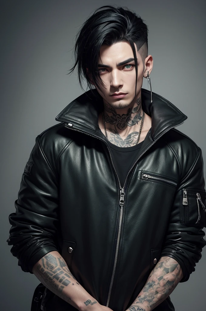 Create a character with black hair and green eyes with a scar on his eye and a tattoo on his neck, pierced mouth and nose and wears a black jacket, person style  