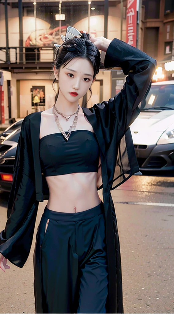 Japanese girl wearing a black robe jacket, wearing black trousers, wearing a crop top, wearing a necklace, has a sexy slim stomach, taking a photo in front of a sports car, 8k masterpiece, high resolution quality