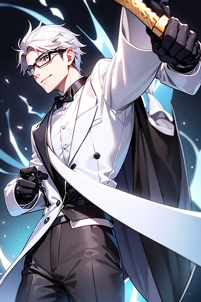 Handsome young man, Slender figure, white hair, Black suit shirt,white skin,blue eyes,Wear black gloves.,There was a katana sword at his waist.,wearing black eyeglasses