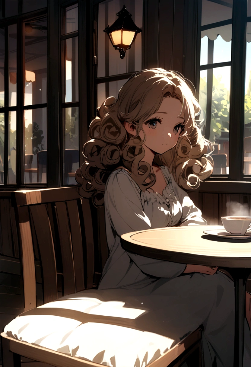 Girl lounging in a charming outdoor cafe, There are comfortable tables and chairs around..Beautiful curly hair、