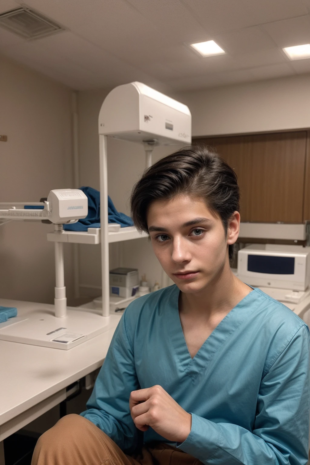 A beautiful young male twink with black hair wearing an aquamarine-sleeved shirt and brown pants. He is in the surgical theater and behind him are medical devices and medical equipment. He is a surgeon and he looks proudly, his eyes have dark circles under them and he has a red face with makeup on as he sits in his office.