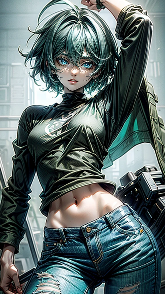 masterpiece, Highest quality, One girl, alone, 23 years old, Adult, Turquoise Hair, Messy Hair, Asymmetrical Hair, Ahoge, Very short hair, Aqua Eye, Medium chest, Toned Up, 167cm, Pale skin, Glasses, Grin, Olive green shirt, jeans, Abdominal Peek,