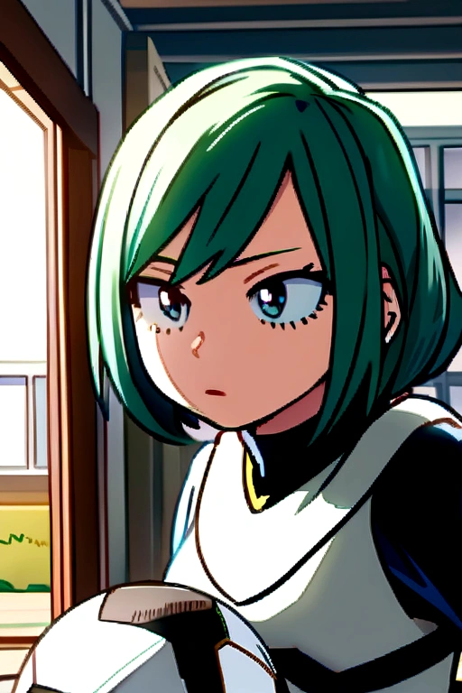 Screenshot of boku no hero academia. cute girl . Short green hair collected in a collection. blue eyes.Playing football . And about to score a goal at the corner