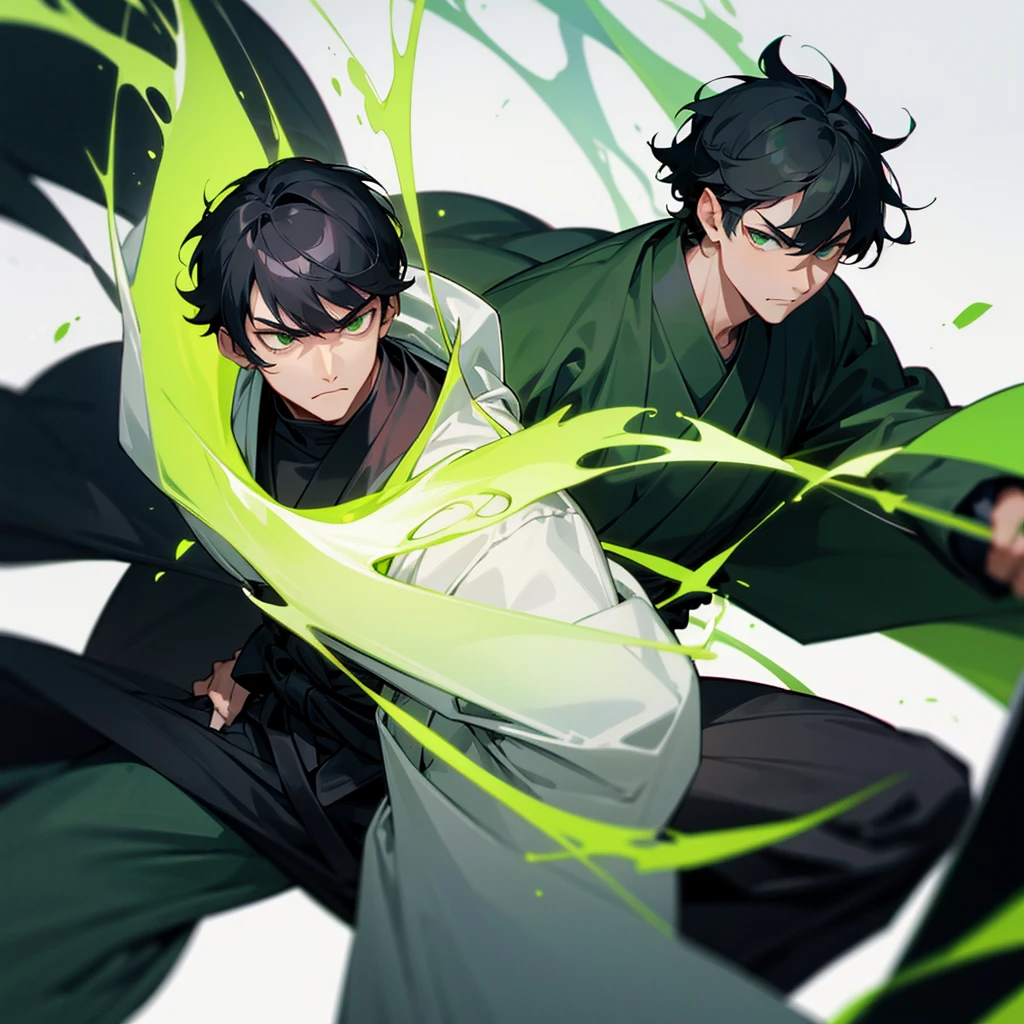 Black hair and green eyes guy, green aura, man with bangs, wearing black gi, samurai, white background, strong man