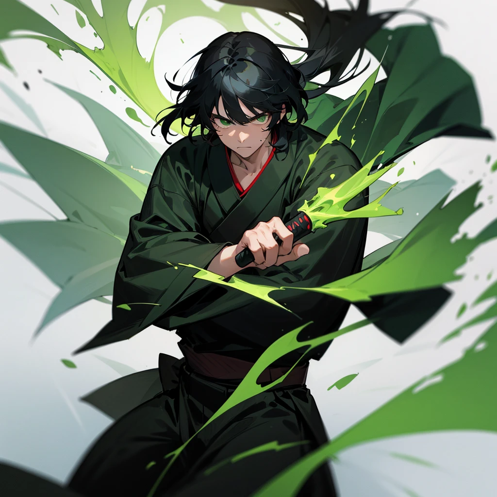 Black hair and green eyes guy, green aura, man with bangs, wearing black gi, samurai, white background, strong man