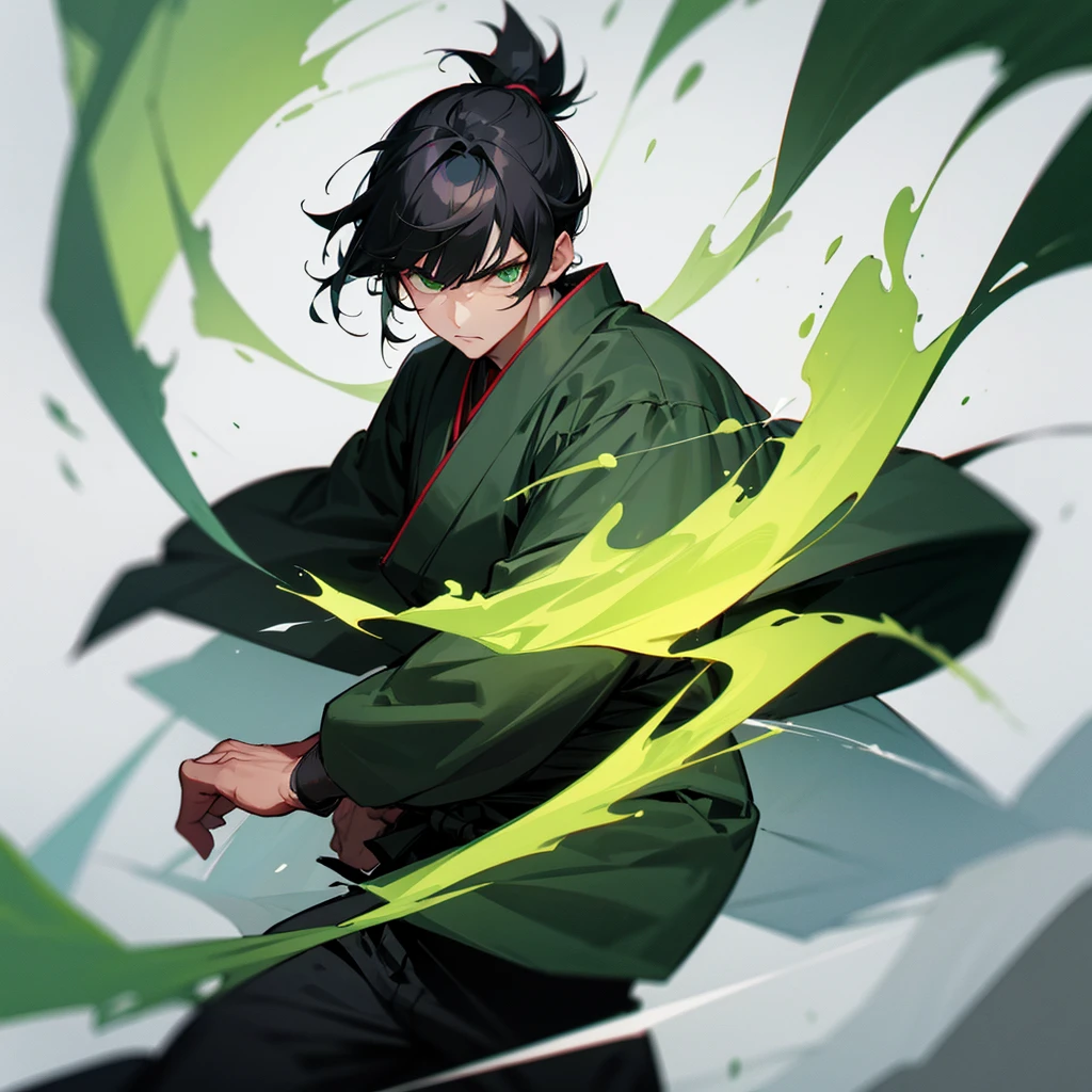 Black hair and green eyes guy, green aura, man with bangs, wearing black gi, samurai, white background, strong man