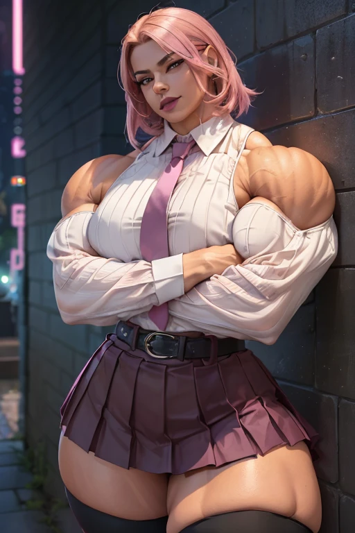 ((((Massive tall, beautiful, buff, light brown skinned muscular woman with shocking pink hair, black lipstick, ginormous bulky muscles, leaning on a wall crossed arms and wearing a pink long sleeve pleated shirt with beautiful long pleated skirt)))), (close view), (massive muscles), angled bob cut, ((chained belt)), red eyes, choker, ((pink long sleeve pleated shirt and tie)), neck tie, ((beautiful long pleated skirt)), belt, thigh high socks, black boots, (at a nightly Campus), closed smile, night, massive muscles