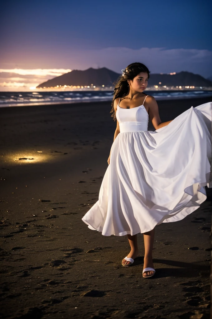 A girl unattainable by others at night on the Ecuadorian coast, with a white dress, where there is wind she is the protagonist.
In the background put a boy in love with her