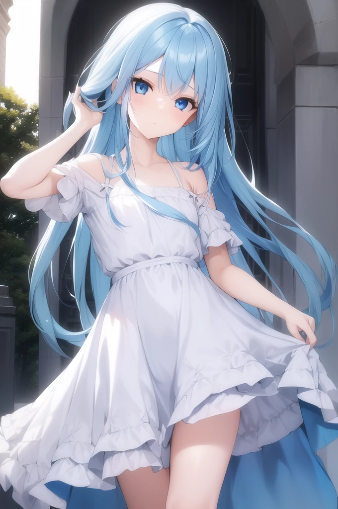 girl, long blue hair, blue eyes, white dress, kind face