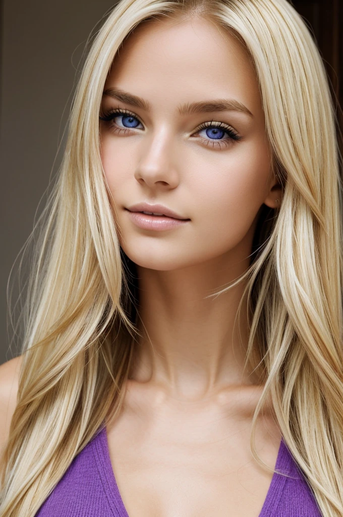 Beautiful girl with blonde hair , white skin and purple eyes