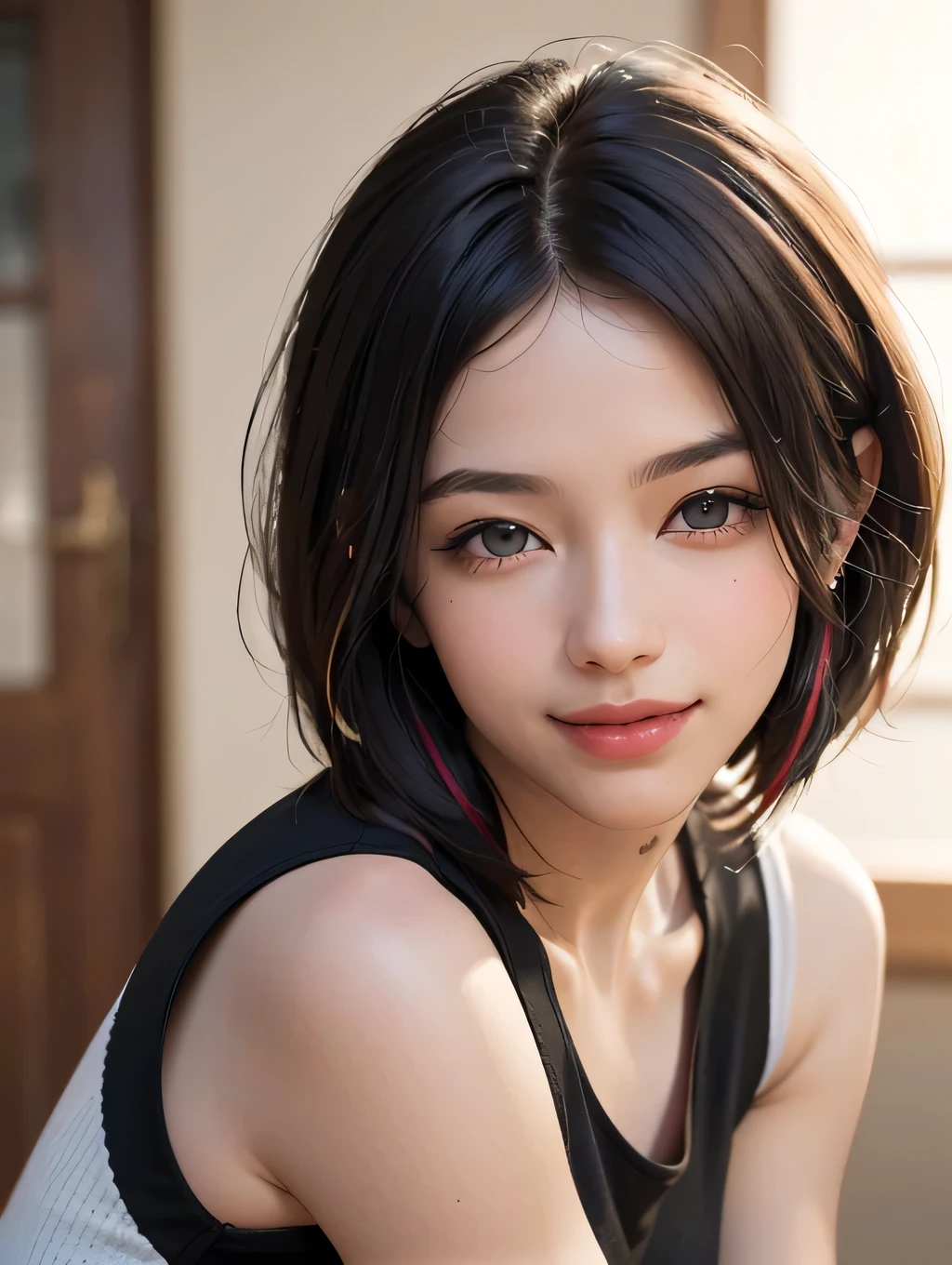(best quality, 4k, 8k, high-res, masterpiece:1.2), ultra-detailed, (realistic, photorealistic, photo-realistic:1.37), (beautiful detailed eyes, beautiful detailed lips, extremely detailed eyes and face), studio lighting, physically-based rendering, vivid colors, (two-tone color, black & white), (tank top), (portrait, bob cut, shiny hair, shiny skin), (blurred background), (tilt your head to the side:1.5), (smile while closing one's eyes),