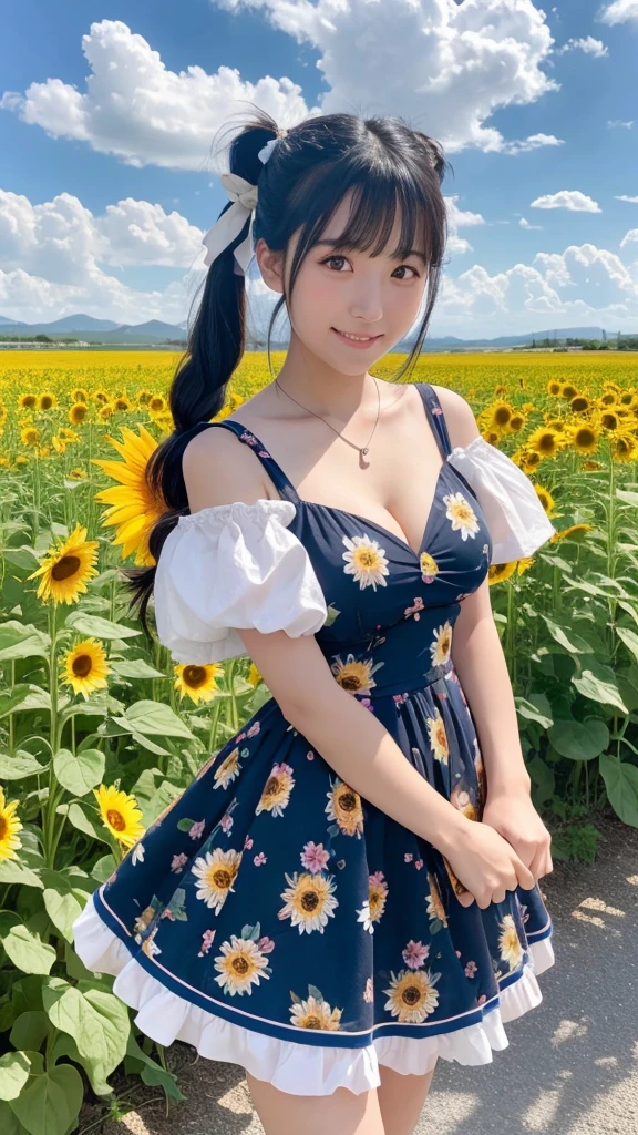 Japanese, high school girl, brown eyes, smiling face, young face, black hair, pigtails, blue ribbon hair ornament, cleavage, necklace, floral pattern blue and white short-sleeved dress, necklace, cleavage, blue miniskirt, black socks, blue shoes, blue sky and white cumulonimbus clouds, standing in front of a sunflower field, plateau view, foothills, nostalgic view, summer view, gravure photo shoot