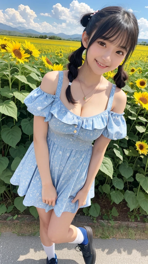 Japanese, high school girl, brown eyes, smiling face, young face, black hair, pigtails, blue ribbon hair ornament, cleavage, necklace, floral pattern blue and white short-sleeved dress, necklace, cleavage, blue miniskirt, black socks, blue shoes, blue sky and white cumulonimbus clouds, standing in front of a sunflower field, plateau view, foothills, nostalgic view, summer view, gravure photo shoot