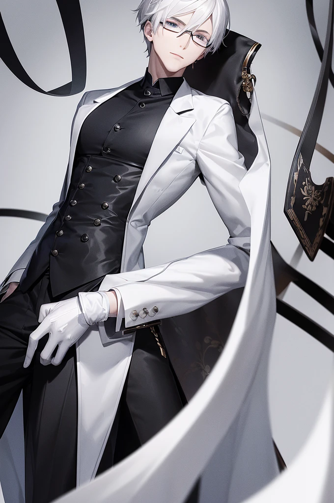 Handsome young man, Slender figure, white hair, Black suit shirt,white skin,blue eyes,Wear black gloves.,There was a katana sword at his waist.,wearing black eyeglasses
