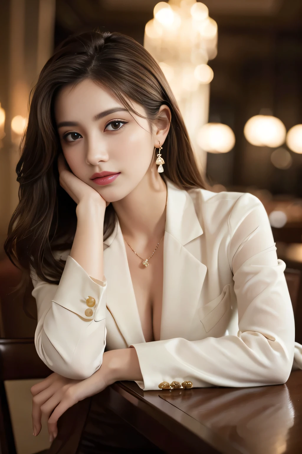 masterpiece, Highest quality, Realistic, Very detailed, Finer details, High resolution, 8k wallpaper, One beautiful woman,Wear a nice suit, In a great restaurant, At night, Light brown messy hair, Perfect dynamic composition, Beautiful and beautiful eyes、Big earrings、Sit on a chair