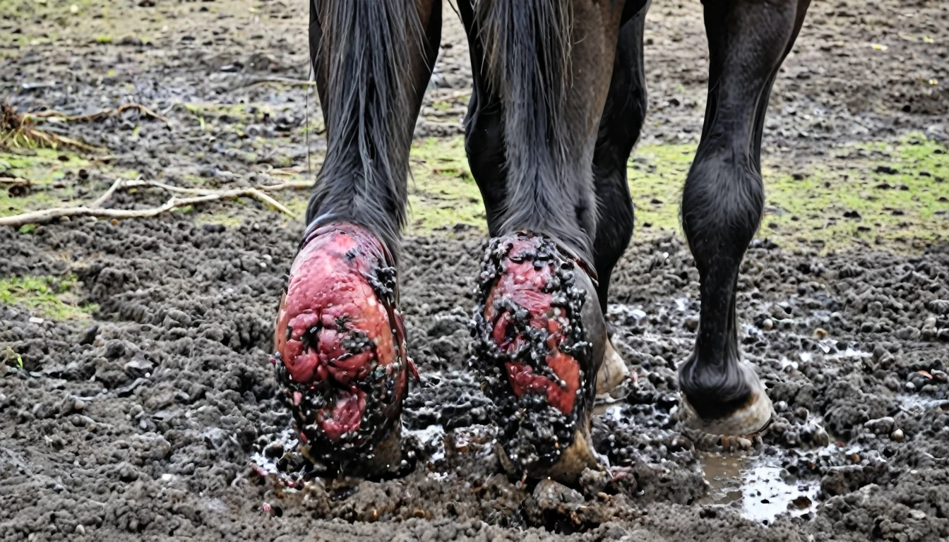 lumps of horse excrement oozing out of big horse rectum. full rear view rectum (visible bum, legs, hooves, body, head)
