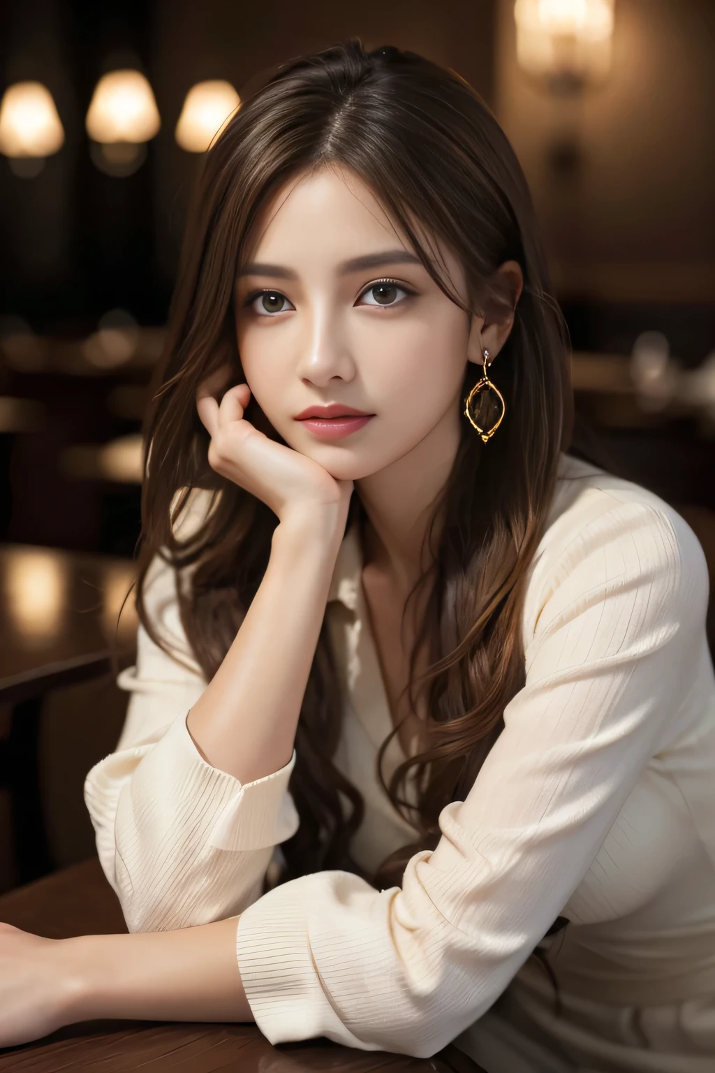 masterpiece, Highest quality, Realistic, Very detailed, Finer details, High resolution, 8k wallpaper, One beautiful woman,Wear a nice suit, In a great restaurant, At night, Light brown messy hair, Perfect dynamic composition, Beautiful and beautiful eyes、Big earrings、Sit on a chair