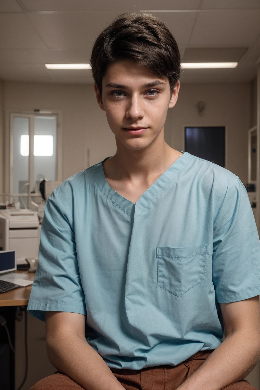 A beautiful young male twink with black hair wearing an aquamarine-sleeved shirt and brown pants. He is in the surgical theater and behind him are medical devices and medical equipment. He is a surgeon and he looks proudly, his eyes have dark circles under them and he has a red face with makeup on as he sits in his office.