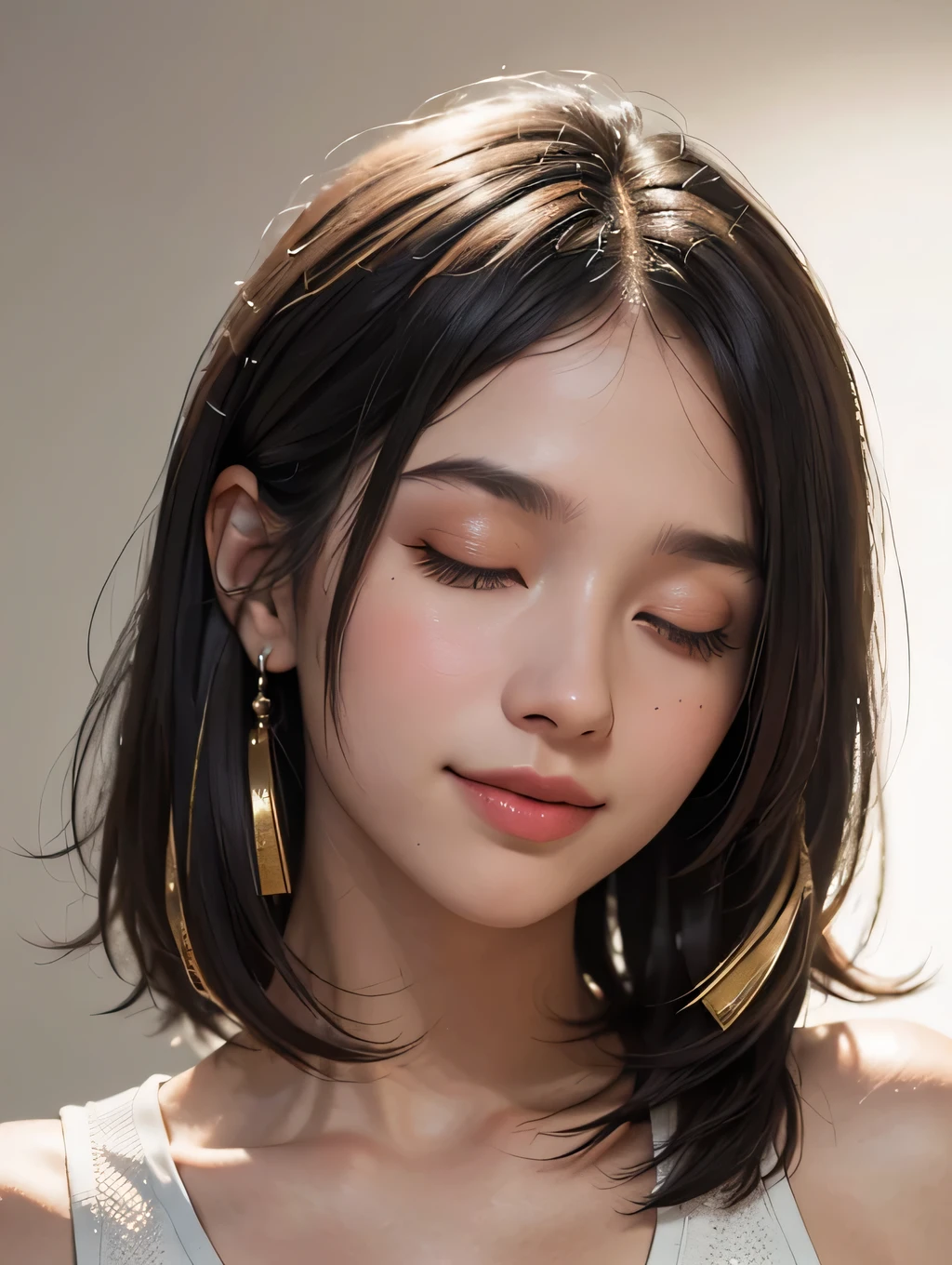 (best quality, 4k, 8k, high-res, masterpiece:1.2), ultra-detailed, (realistic, photorealistic, photo-realistic:1.37), (beautiful detailed eyes, beautiful detailed lips, extremely detailed eyes and face), studio lighting, physically-based rendering, vivid colors, (two-tone color, black & white), (tank top), (portrait, bob cut, shiny hair, shiny skin), (blurred background), (tilt your head to the side:1.5), (smile while closing one's eyes),