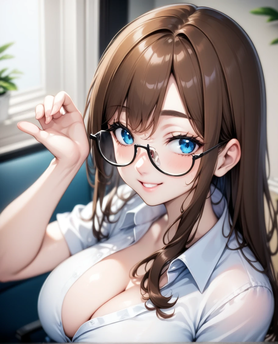 1girl, large breasts, glasses, shirt, brown hair, long hair, 1girl, blue eyes, indoors, from above, smug, smile,