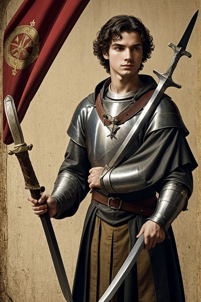 A medieval young man raising a sword with one hand, and in the other carrying a standard
