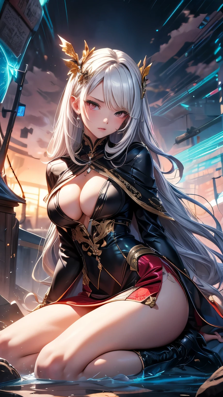 Highest quality, Super quality, 16K, Incredibly absurd, Very detailed, 2.5D, delicate and dynamic, Outdoor, wilderness, Night Sky, storm, thunderstorm, Snowstorm, Small face, Extremely delicate facial expression, Delicate eye depiction, Extremely detailed hair, , erotic, sole sexy Japanese lady, healthy shaped body, 22 years old lady, Wizard, huge firm bouncing busts, white silver long hair, sexy long legs, Glowing Skin, , ゴシック風の派手なWizardのコスチューム, brown tight skirt, black leather long boots,