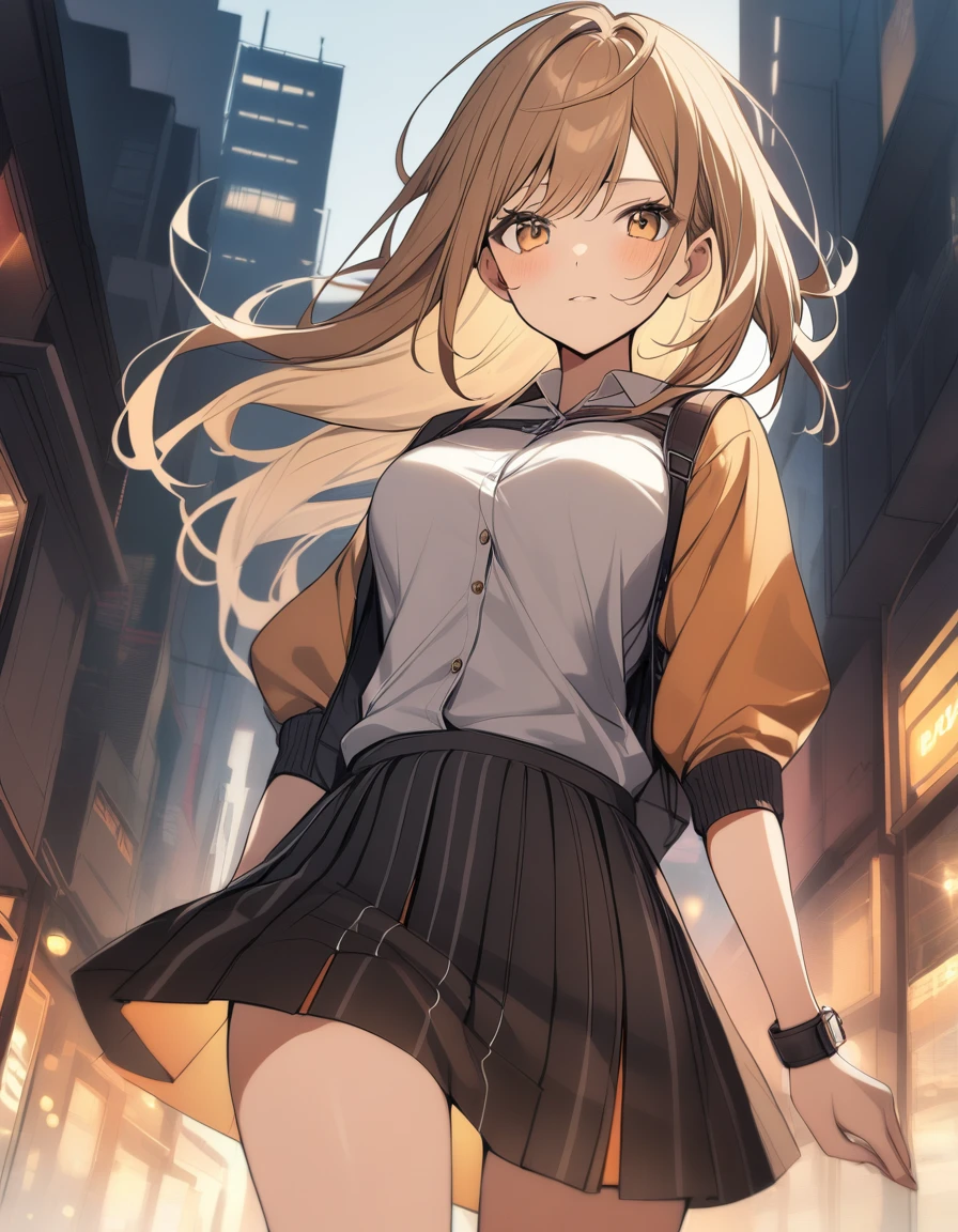 1 girl, brown hair dyed blonde underneath, wide, medium breasts, modern clothing