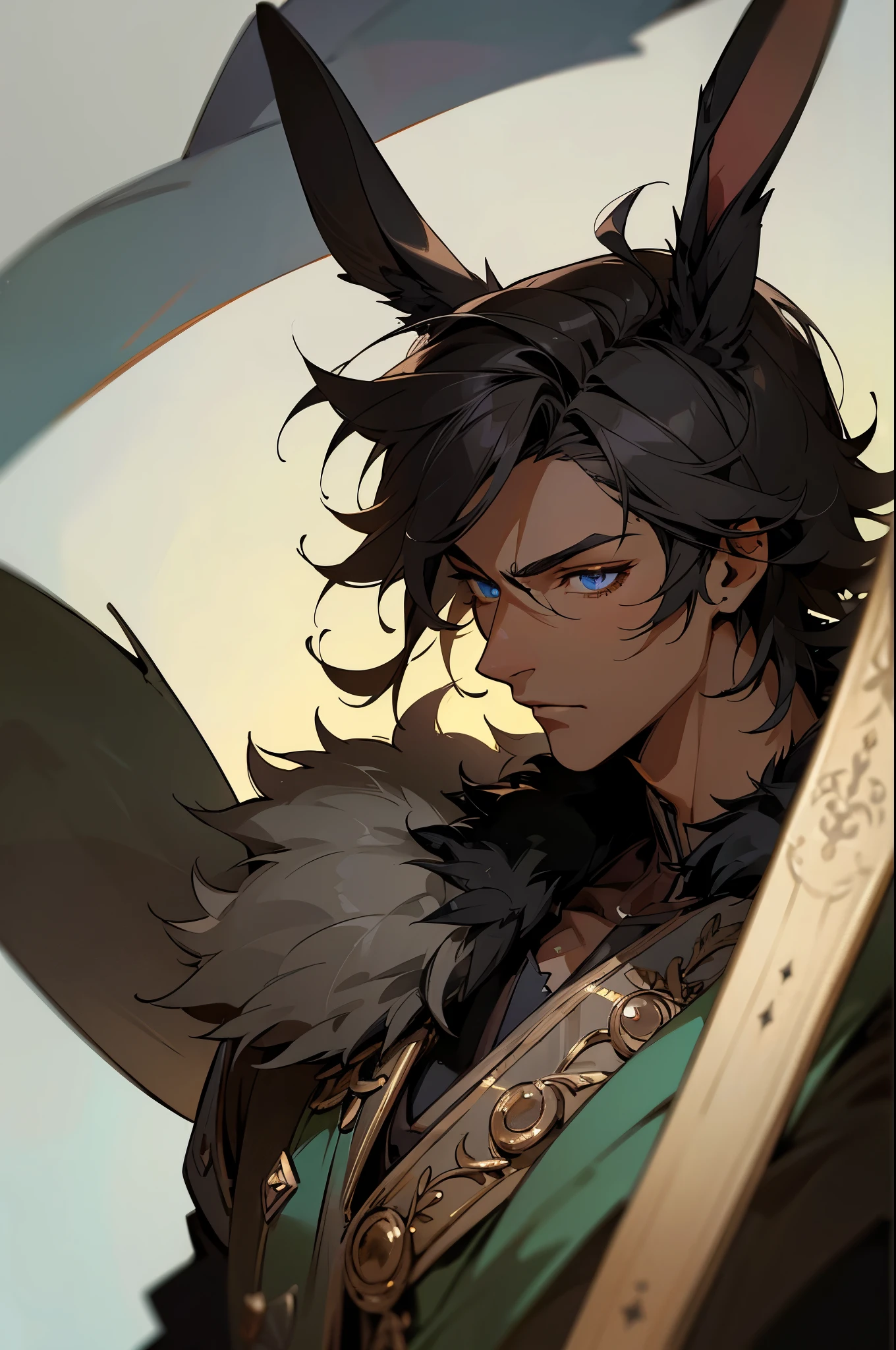masterpiece,detailed, detailed face, fine detailed eyes, Artificer, Gunner, Rabbit Ears, RPG fantasy game, male, dark skin, dark hair, black fur, male adventurer