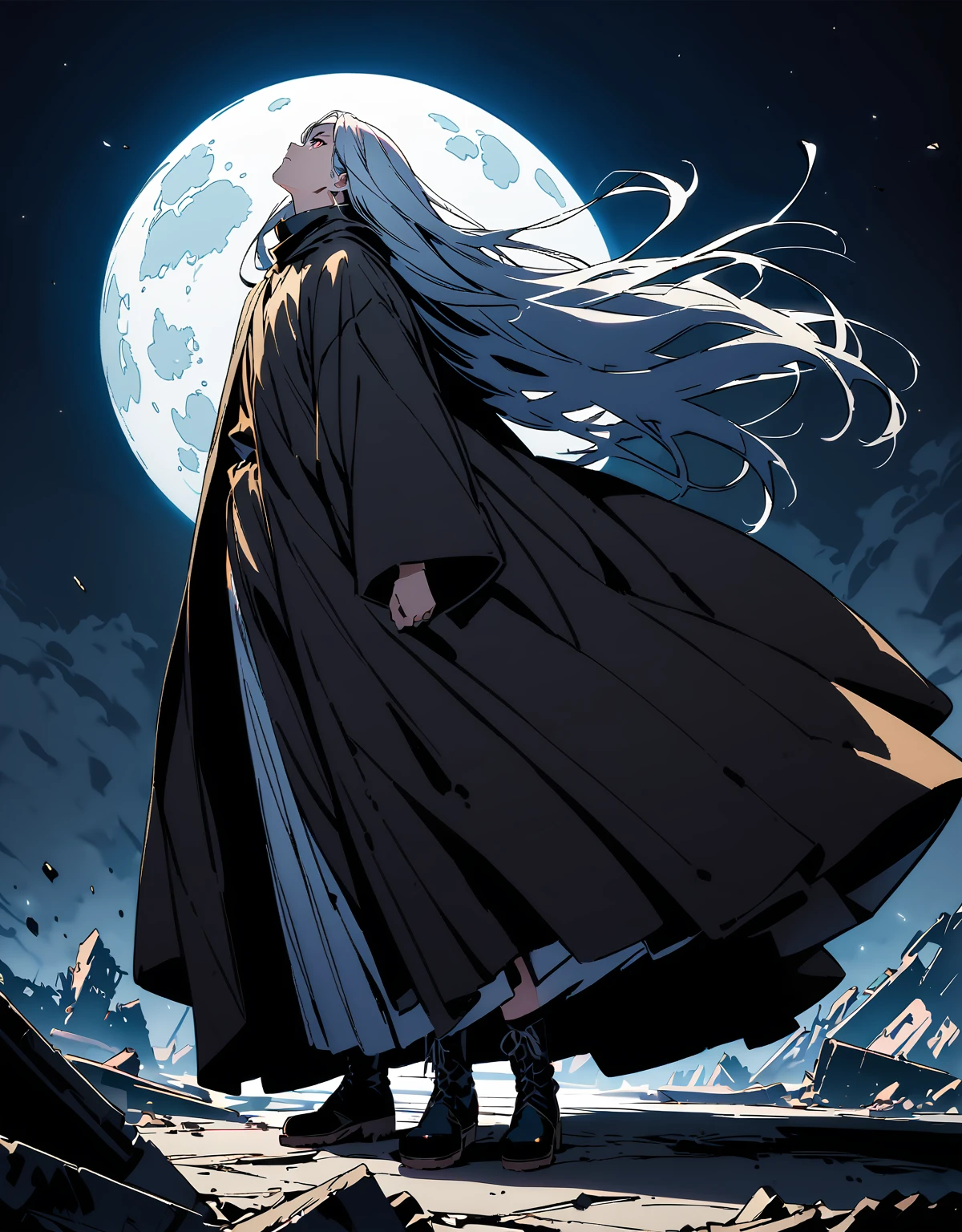 (Full body robe)Highest quality、Very high quality、high resolution、Serious face,(Detailed face), (Fine grain),White, flowing hair,Full body robe, Wear black boots,(The moon behind him),  White long hair,  (Looking up at the sky)profile,Background ruins,