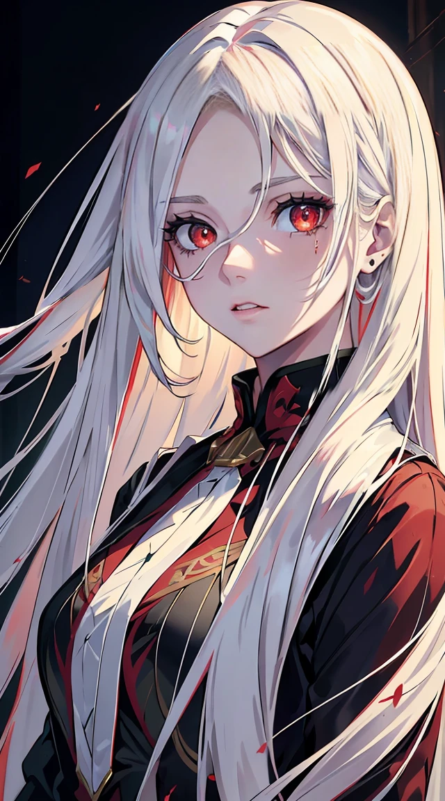 pretty girl,Eyes red,red pupils,long white hair,Hiperresolução,precision,detailed rendering,(Subtle facial image)(Thin hair image)(maximum quality)(Masterpieces by masters)(High degree of completeness)(a sense of atmosphere)Masterpiece artwork,Super detailed and super detailed(retrato de meio corpo)