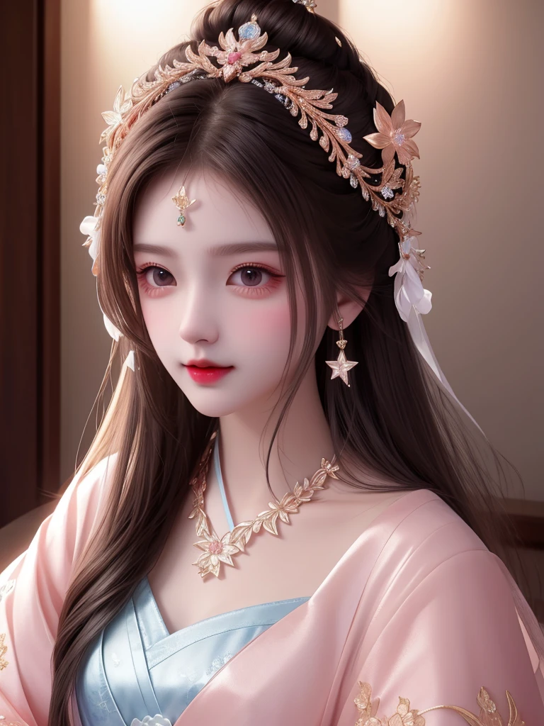 best quality, masterpiece, high resolution, 1 Girl,blush,(Charming smile:0.8),Star-shaped pupil,china hanfu,Hair accessories,necklace, Jewelry,Pretty Face,Above_Body, Tyndall effect,Reality, Dark Studio, Rim Light, Two-tone lighting,(High Detail Skin:1.2), 8K uhd, Digital SLR Camera, Soft lighting, high quality, Volumetric Lighting, frank, photo, high resolution, 4K, 8K, Bokeh