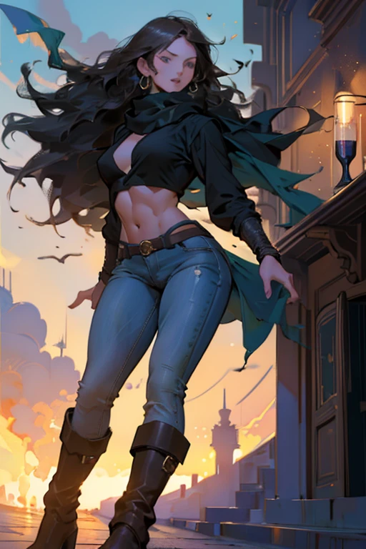 ((playing with a raven:1.4)),Beautiful 20 yo Mediterranean woman, beautiful athletic figure, shapely toned legs, perfect round ass, natural perky breasts,(abs), ((long dark hair)), green eyes. (joy:1.4), sweet smile,  Smoky eye,mascara,  long sleeve blouse, scarf, low rise skinny jeans, boots. Wavy hair. Tapas bar. Enjoying a glass of red wine.Masterpiece, best quality,(highly detailed:1.2),(detailed face and eyes:1.2), 8k wallpaper, cinematic lighting. core shadows, high contrast, bokeh.