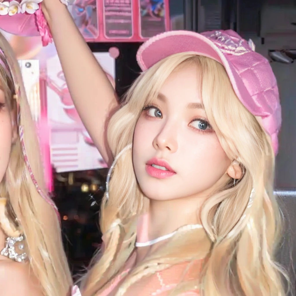 blond haired girls in pink hats posing for a picture, lalisa manobal, lalisa manoban of blackpink, belle delphine, Karina of aespa, ava max, jossi of blackpink, her face looks like an orchid, wearing a chocker and cute hat, long blonde hair and big eyes, ulzzang, ahegao face