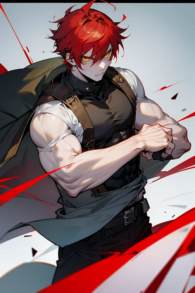 Red hair, yellow eyes, anime boy, pale skin, male character, intimidating, intense stare, bad ass, short hair.