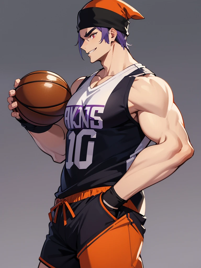 anime characters: 1 guy, Bara, Muscular guy, huge pecs, sleeveless basketball jersey, black shorts, purple beanie, small pupils, orange eyes, stubble, smile, black skined male, back, ass, gray background, best quality