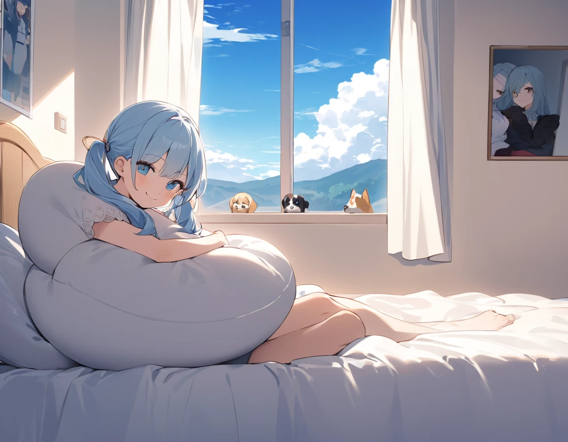 The room is decorated with many margaret flowers...、Margaret flowers on the windowsill、Outside the window is blue sky and white clouds、Long light blue hair、beautiful girl with twin tails、Bright smile、Sitting on the bed hugging a big body pillow、My dog is watching over me beside my bed、Face Highlights