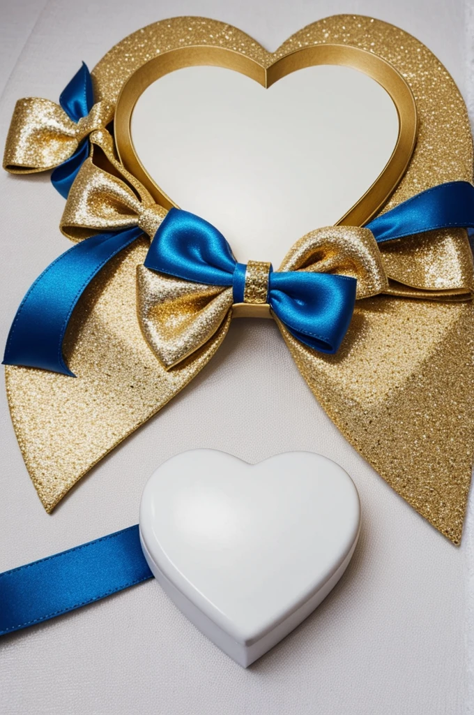 A beautiful white and gold heart, with a blue bow.