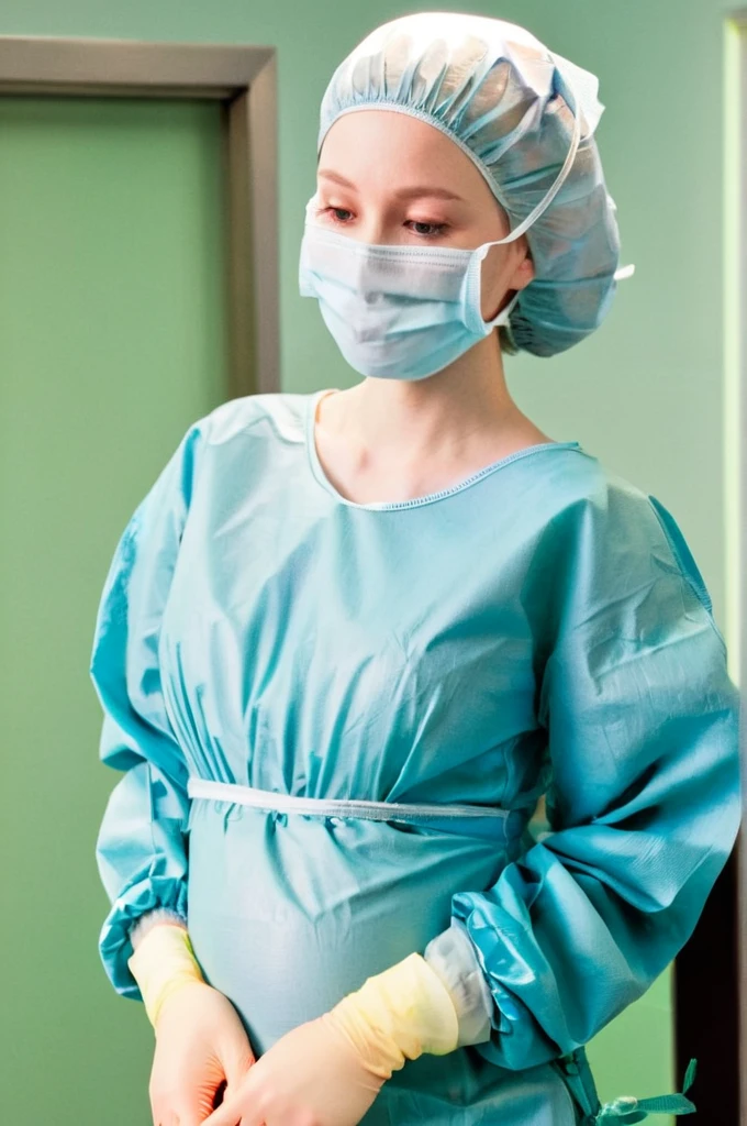 score_9,  score_8_up, score_7_up, masterpiece, highest quality, pale skin, shy eyes, cover the ears, big breasts, surgical mask, surgical cap, long sleeve surgical gown, pregnant about 7 8 months, 
1 girl, pregnant, solo, rubber gloves, frown,  standing, in one hospital, in the operating room,
