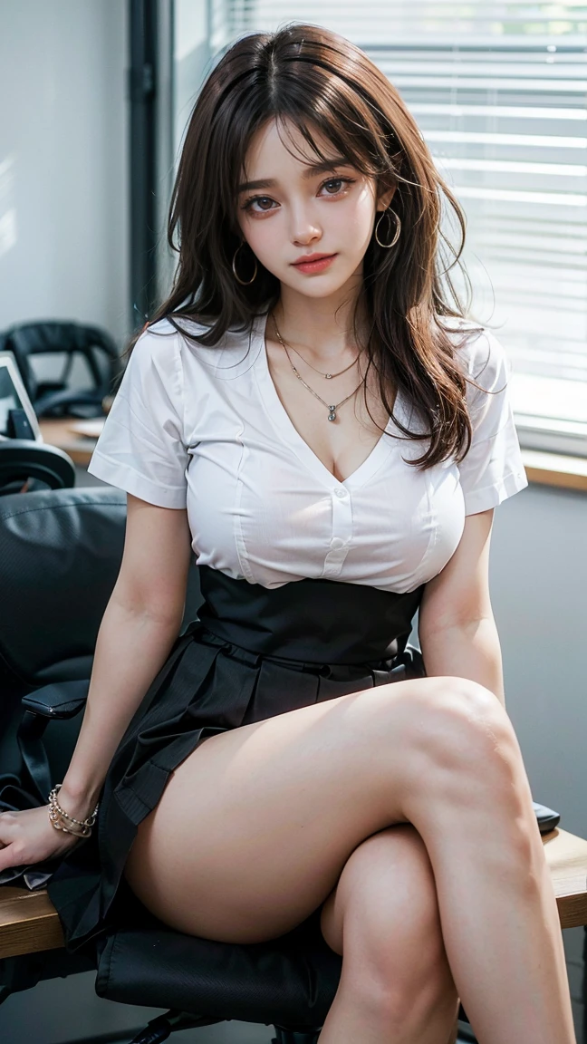 (Masterpiece, BestQuality:1.3), (ultra detailed:1.2), (hyperrealistic:1.3), (RAW photo:1.2),High detail RAW color photo, professional photograph, (Photorealistic:1.4), (realistic:1.4), ,professional lighting, (japanese), beautiful face, (realistic face), cute woman, (Brown Hair, Big Tits:1.5), (cheerful Smile:1.5), Trending Hair&Trending Hairカラーをランダムに, earrings, necklace, bracelet, sexly, erotic sexly, Random sexy gravure poses, (A woman wearing a white shirt and a black itting at a desk in the office with legs crossed、the skirt is wide open。:1.3)