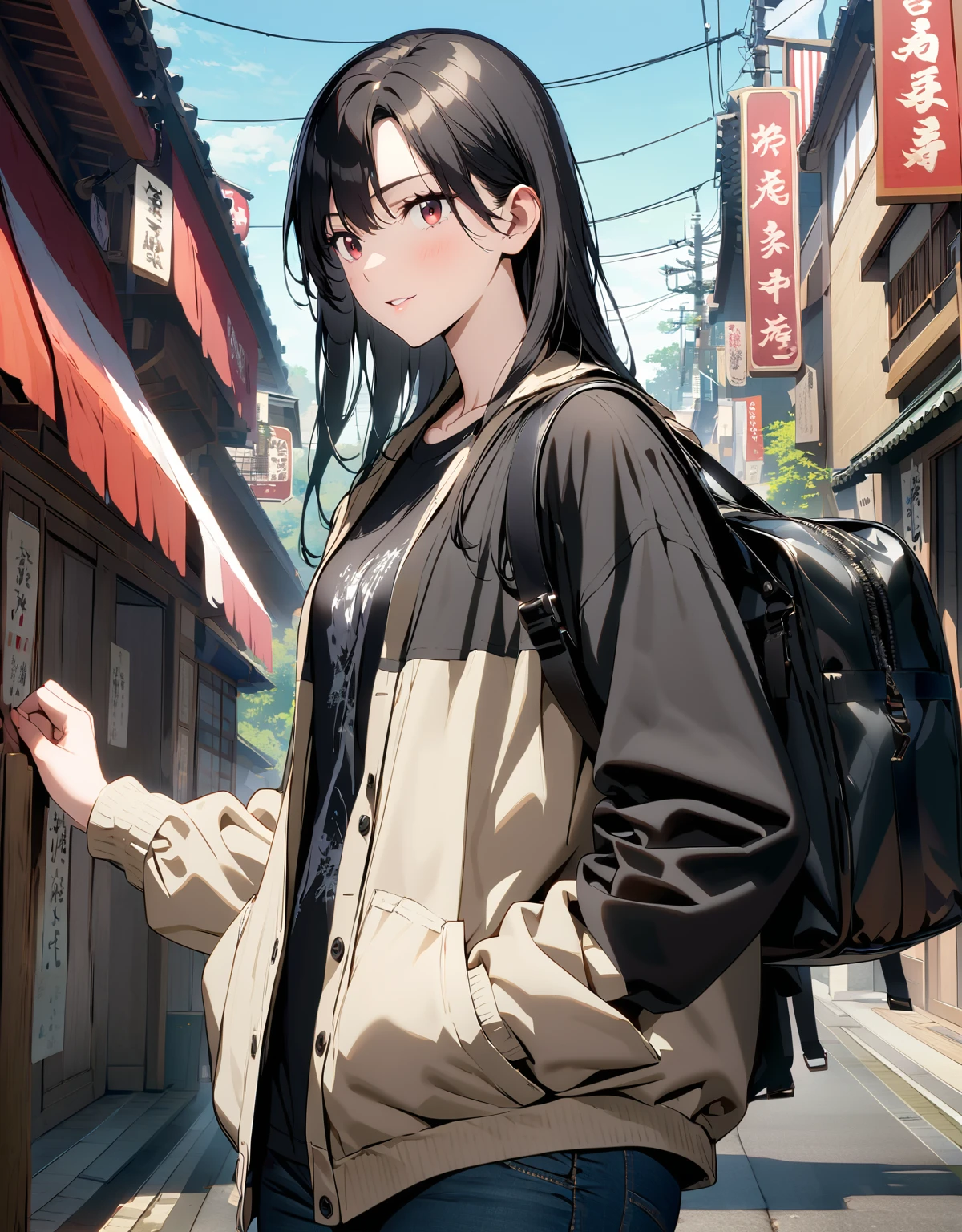 Very delicate and beautiful,非常にdetailed,CG,Unity,8k wallpaper,wonderful,detailed,masterpiece,The best quality in the best condition,Official Art,非常にdetailed CG 8k Unbelievably ridiculous resolution,Beautiful and exquisite,High resolution,非常にdetailedな目と顔,(Put your hands in your pockets:1.4), (Shibuya Ward:1.4), (Daytime lighting:1.4), (Long black hair:1.4), Red Eyes, Black T-shirt,Bag on the shoulder,Japan Town,One person
