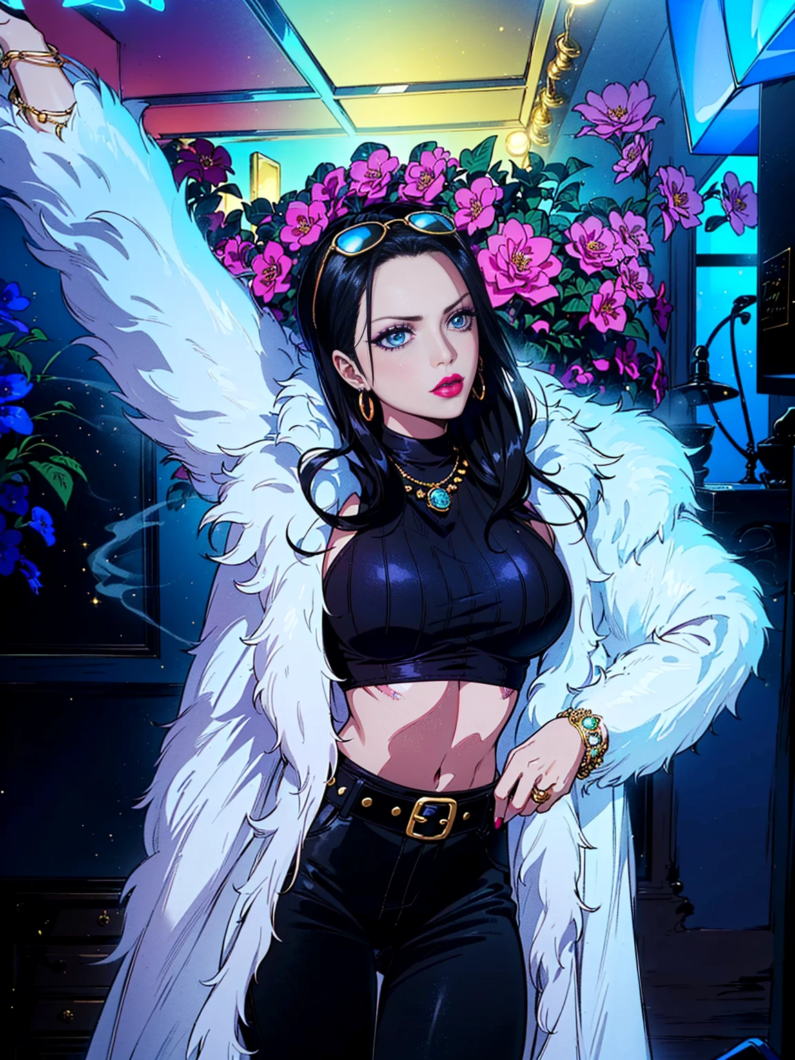 ((1girl, solo ,alone, long hair, black clothes, pink lipstick, Nico Robin, woman, (one piece) , dynamic pose,fitness, gold bracelets, ruby earrings)), ((solo, 1woman, pink lipstick, Extremely detailed, ambient soft lighting, 4k, perfect eyes, a perfect face, perfect lighting, a 1girl)), austere, ((fur coat, white fur coat, gray shirt, black pants, belt with gold buckle, sunglasses, fine jewelry, sapphire necklace, sapphire earrings, party, colored lights, smoke, vip room, flowers))