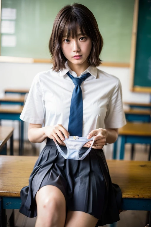 (absurdres:1.3),8K,(detailed photograph:1.5),(detailed face and skin:1.3),(ultra high res:1.5),(photorealistic:1.5),symmetric clear eyes,well-groomed face,(ray tracing:1.3) ,1girl, Japanese,high school girl, BREAK (wearing Japanese high ,white shirt,red school ribbon tie,navy pleats skirt:1.3), BREAK (presenting panties),(blue silk panty:1.1),masterpiece, best quality, highly detailed,classroom, BREAK (Black short hime cut hair blunt bangs),focus panty,cinematic lighting,(blushing:1.3),(Stain on panties:1.4),