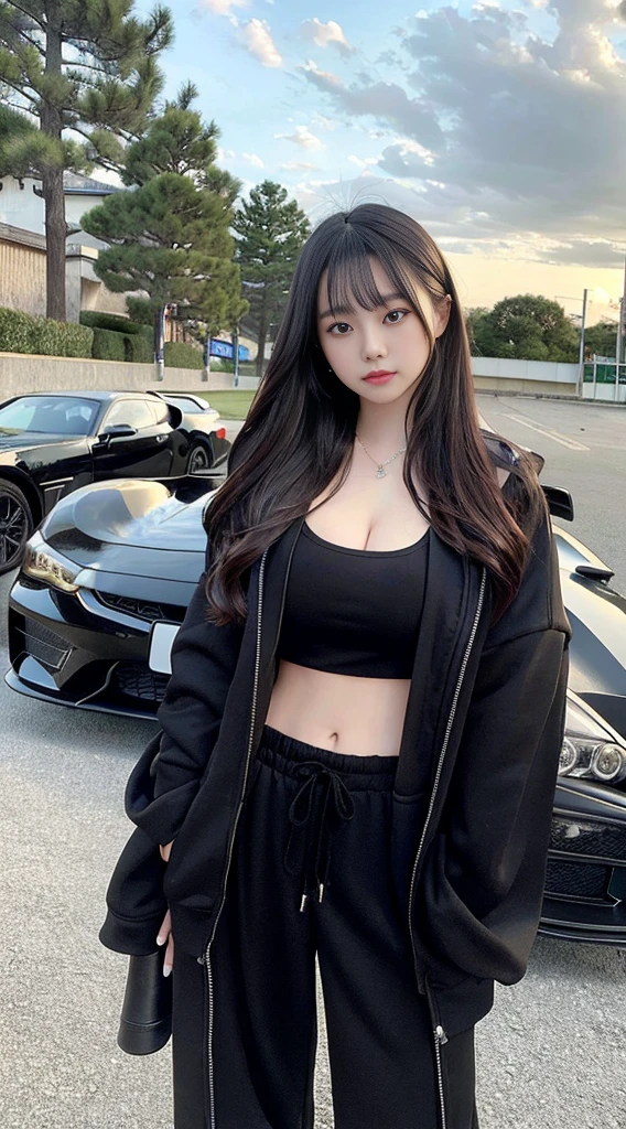 Japanese girl wearing a black robe jacket, wearing black trousers, wearing a crop top, wearing a necklace, has a sexy slim stomach, taking a photo in front of a sports car, 8k masterpiece, high resolution quality