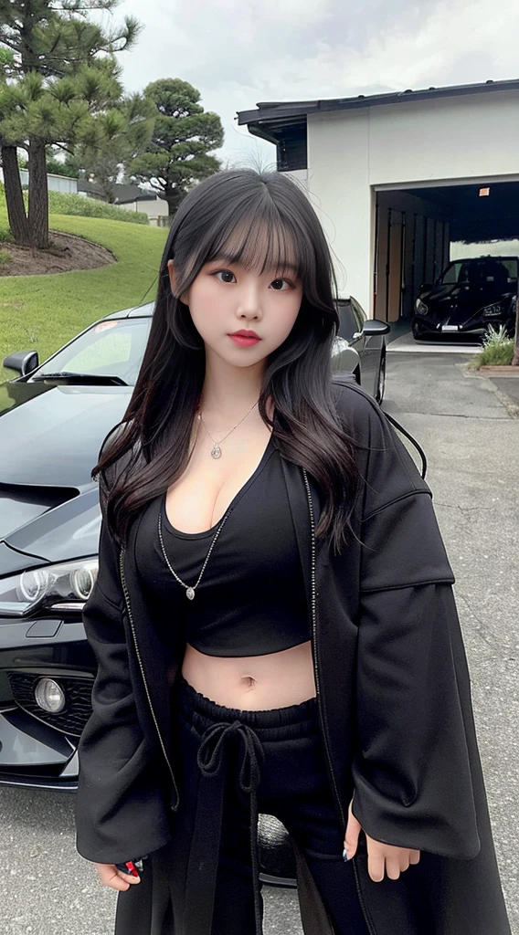 Japanese girl wearing a black robe jacket, wearing black trousers, wearing a crop top, wearing a necklace, has a sexy slim stomach, taking a photo in front of a sports car, 8k masterpiece, high resolution quality