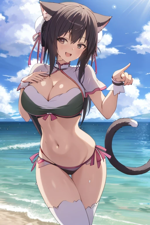 masterpiece, best quality, beautiful art, high resolution, well formed hands, body and fingers, 1 woman, solo, Lin Xiao Mei, cat ears and cat tail, grown up, arabian belly dancer, adult, large and round breasted, (perfect hands and fingers:1.5), (perfect body: 1.5) cleavage, hair ribbon, full body, sexy and skimpy outfit , gorgeous legs and thighs , doing exercise, warming up, working out, sexy and captivating training, smiling joyfully and happily , looking at the viewer, panties peek, sweating , bouncing breasts, t back thong, training montage session, beach environment  