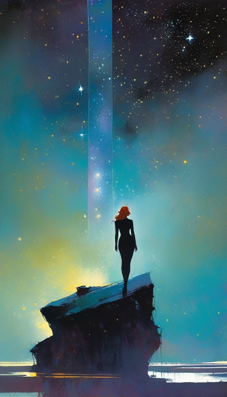 alone, sexy, night, stars, loneliness (art inspired by Bill Sienkiewicz ). oil painting)