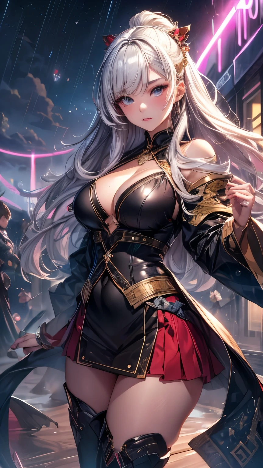 Highest quality, Super quality, 16K, Incredibly absurd, Very detailed, 2.5D, delicate and dynamic, Outdoor, wilderness, ht Sky, storm, thunderstorm, Snowstorm, Small face, Extremely delicate facial expression, Delicate eye depiction, Extremely detailed hair, the same , eroole sexy Japae lady, healthy shaped body, 22 years old lady, Wizard, huge firm bouncing busts, white silver long hair, sexy long le Glowing Skin, , ゴシック風の派手なWizardのコスチューム, brown tight skirt, black leather long boots,