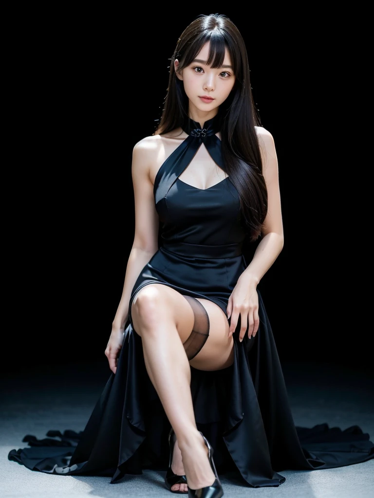 Black dress with a foldover neck、(Highest quality)、((Very detailed))、4K、(8K)、masterpiece、Very detailedな、Highest quality、Super Resolution、1 person、Kind Face、Soft Light、RAW quality、Soft Skin、163cm、30 years old、White Room、Thighs、High heels、pantyhose