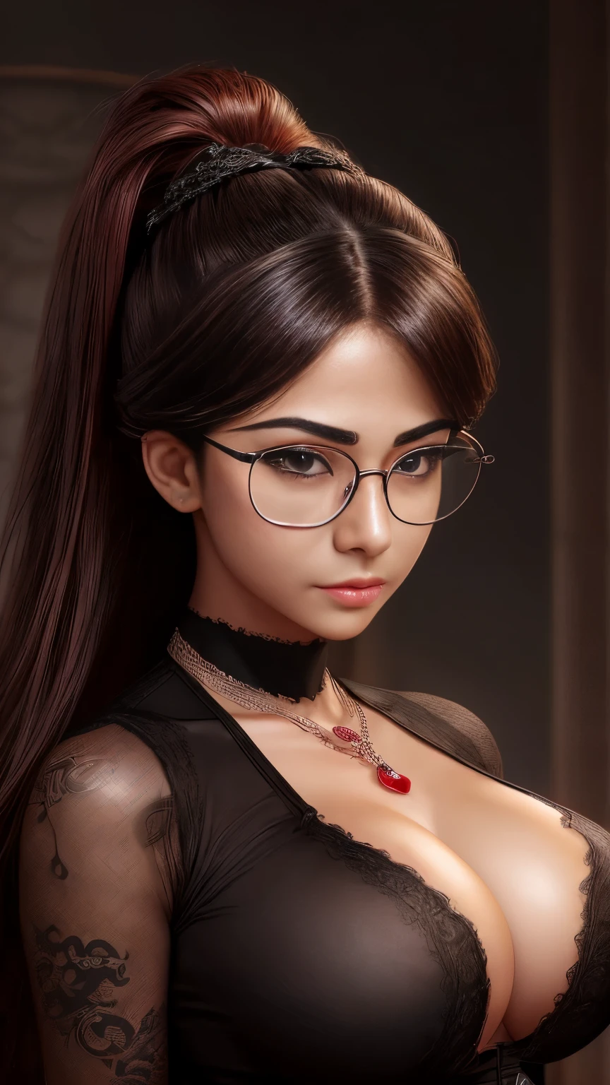 Are you okay、(Best illustrations)、8K UHD resolution、Intricate details、Highest quality、Realistic、Ultra-detailed、Best lighting、Best Shadow、Soft lighting、ultrahd、Ultra-realistic、Tyndall effect、Photorealistic、(High Definition Skins:1.2)、 (Intricate details, compensate, Purelos Face_v1:0.5), (Beautiful and delicate face down to the last detail, Beautiful and delicate eyes, Perfectly balanced face, Skin with attention to detail, Detailed skin, The optimal ratio is four fingers to one thumb, Arms under chest, Red glowing tattoo under the stomach、Wow wow, Wide Hips, Smooth abdomen, Skinny and skinny, __fashion__, __hair__:1.25)、Digital SLR、 Absurd work: 1.3), (Maximum resolution: 1.2), (Ultra HD TV: 1.2), Cinematic light, Fine grain and skin, Detailed facial features, , (Sharp focus: 1.2), (Focus on the face:1.2),Perfect Style, Beautiful Face, Acura, Anatomically correct, Highly detailed face and skin texture, Fine grain, double eyelid, Thin eyebrows, Glitter Eyeliner: 1 Natural Cheeks, Shiny skin, Fair skin: 1.2, (Glossy Lips: 1.4),(Embarrassed look: 1.2),Highly detailed face and skin texture, Fine grain, double eyelid, Natural Cheeks, Glossy Lips: 1.4,Exposed cleavage、Fascinating。Baby Face、Fascinating、dark brown hair。Evil Nun、Torn monastic clothing、corset、Fishnet tights、Accentuate your breasts、((((Huge glasses, Nerd Glasses, Thick glasses, Round Glasses)))),(((Huge boobs)))、The long-haired、Braid、Black hair、Ponytail Distortion、, Ponytail with a bow tied at the back of the hair, Beautiful expression、Body Up、big breasts attention、bust, Super tight chest, Breast Augmentation Surgery, Her breasts are very big and round,Tight waist、Wide ass、Intricate tattoos, demonic Intricate tattoos, Thigh Tattoo, Body tattoos, Red shiny gemstone necklace、Jewelry Gwise, Wearing black mesh socks,Wear bright red、Hmph, Hmph, Meet beautiful girls, Look at the girl's body, Bat Wings,(((Devil horns)))、(Devil's Tail)、In the Dark、(Detailed spooky background:0.8)、((Entangled tentacles :1.2 ))、(Entangled tentacles ), (Tentaculata :1.2)